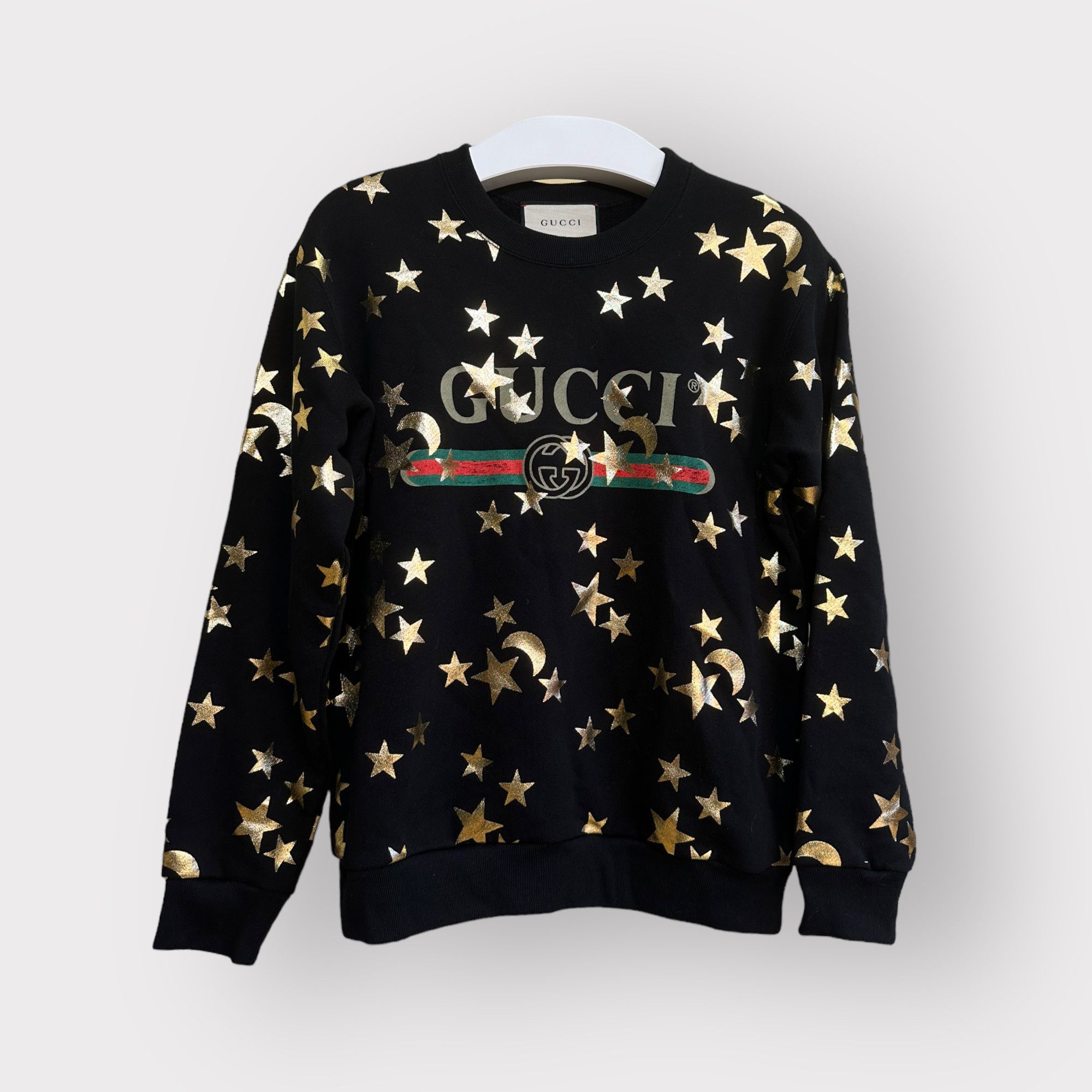 Image of Gucci Sweatshirt Stars And Moon Belt Logo Print Black, Men's (Size XS)