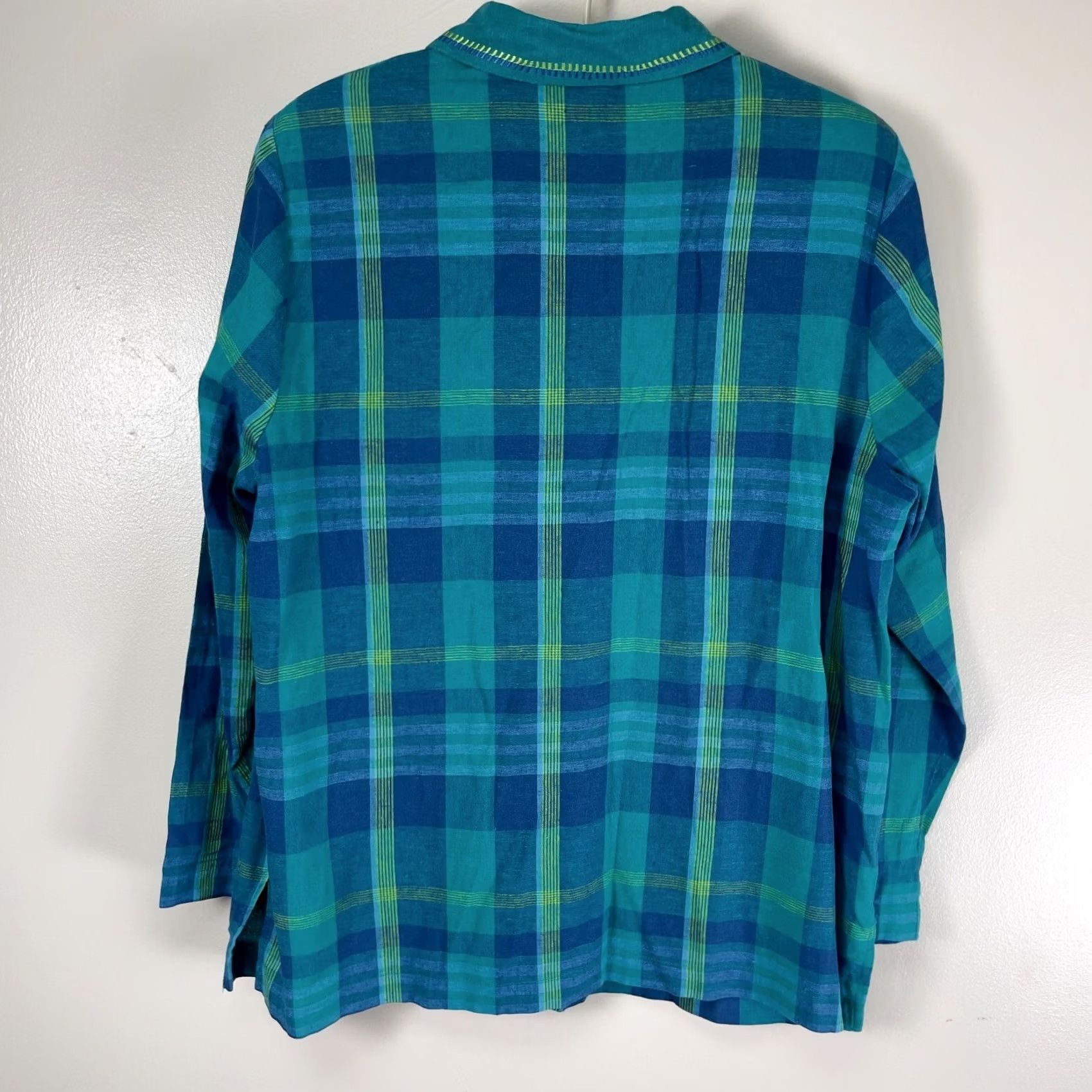 Vintage Studio Ease Shirt Womens 14W Blue Green Plaid Button Down Linen Cotton Blouse Size XL / US 12-14 / IT 48-50 - 2 Thumbnail