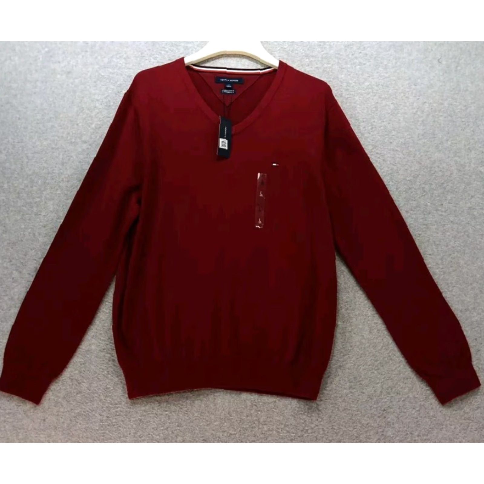 Tommy Hilfiger V-Neck Pullover Sweater NWT Tommy Hilfiger Men's Large Maroon Logo Long Sleeves Size US L / EU 52-54 / 3 - 2 Thumbnail