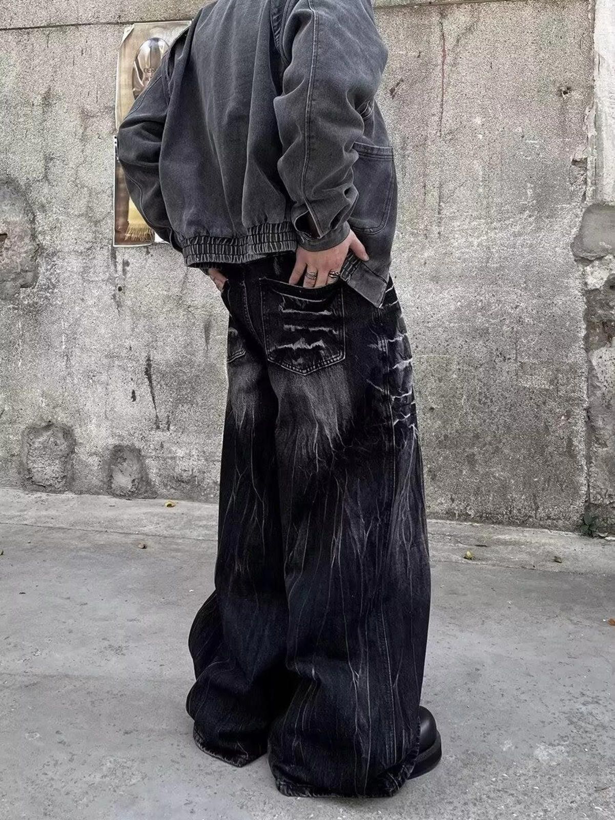 Japanese Brand Black Distressed Baggy Wide Leg Jeans, Barrel Leg Jeans Size US 32 / EU 48 - 2 Thumbnail