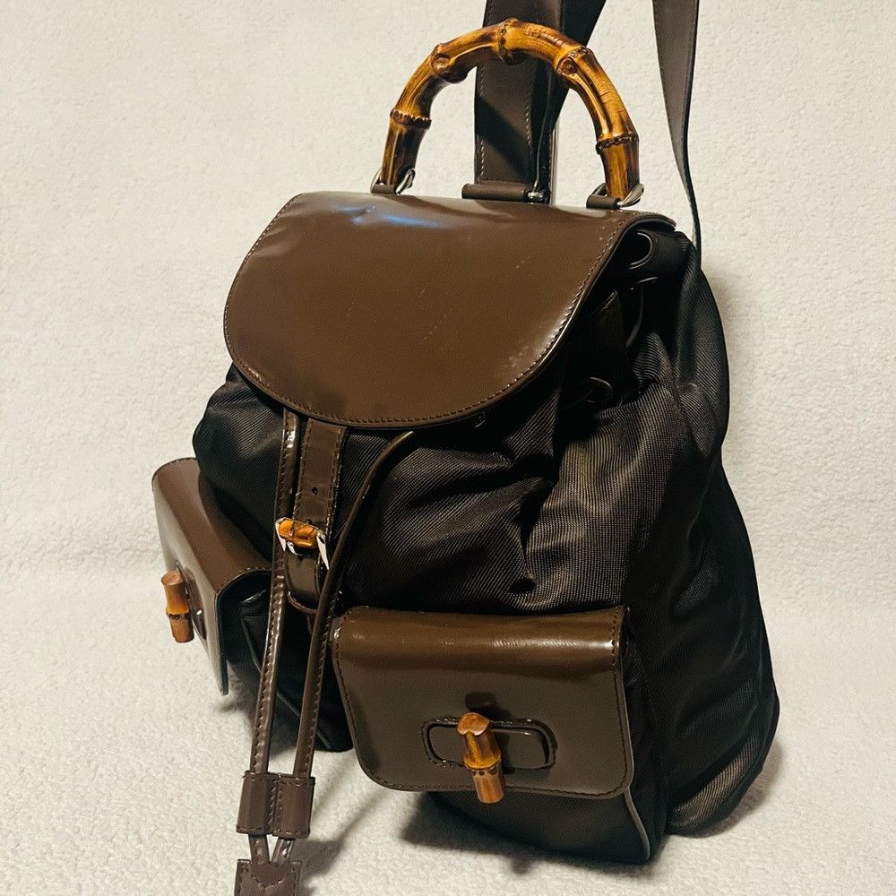 Gucci Gucci 2 Way Bamboo Chocolate Nylon/Patent Leather Backpack Size ONE SIZE - 2 Thumbnail