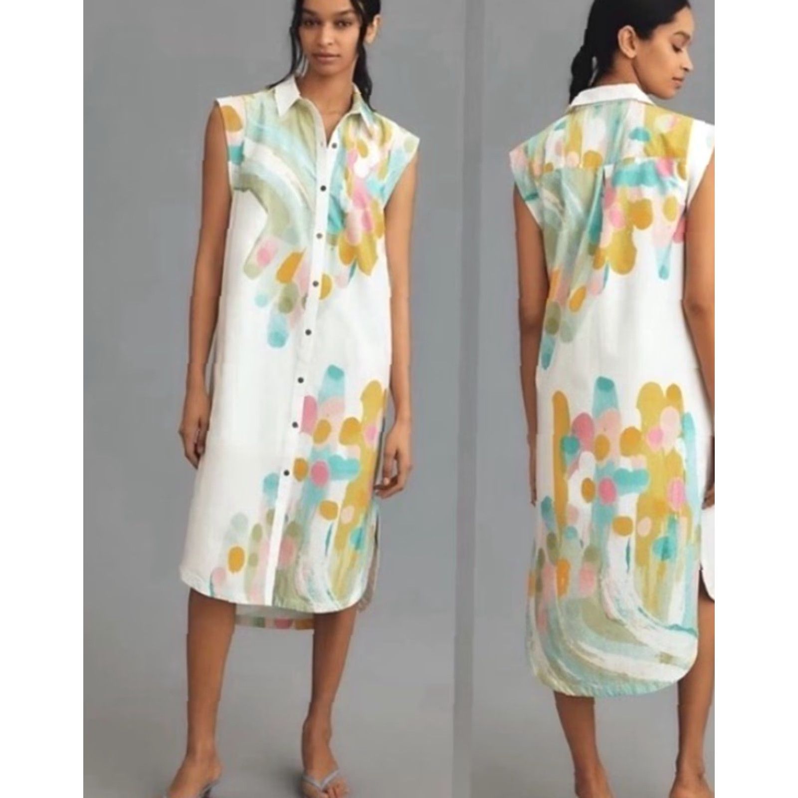 Anthropologie ANTHROPOLOGIE Lillian Cap Sleeve Midi Dress Abstract Mint Fit & Flare Size S Womens Size S / US 4 / IT 40 - 6 Thumbnail