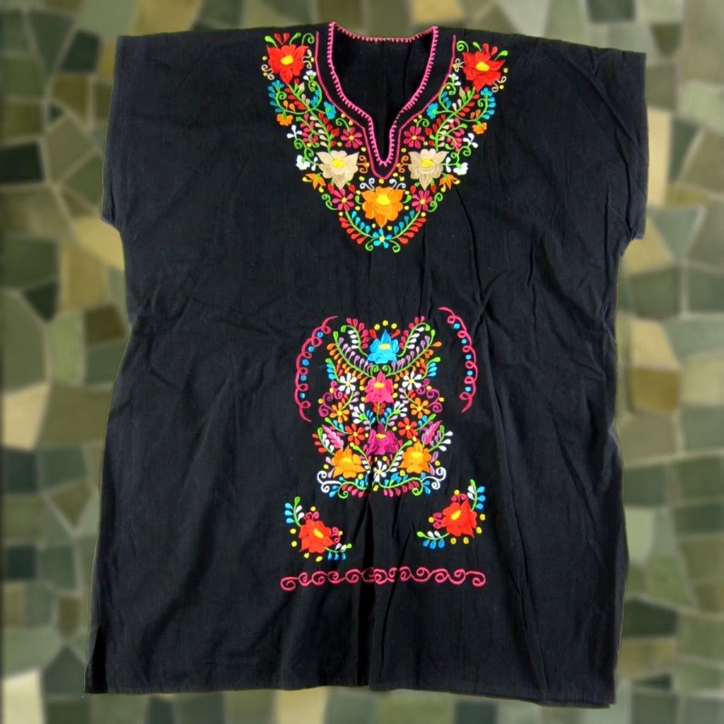 Pinko VINTAGE Mexican Black Pink Blue Green Embroidered V-Neck Smock Peasant Dress 1X Size XL / US 12-14 / IT 48-50 - 1 Thumbnail