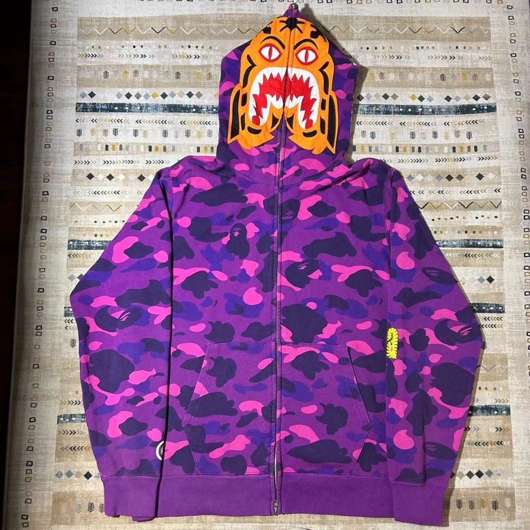 Image of Bape Purple Camo Tiger Full Zip Hoodie, Men's (Size 2XL)