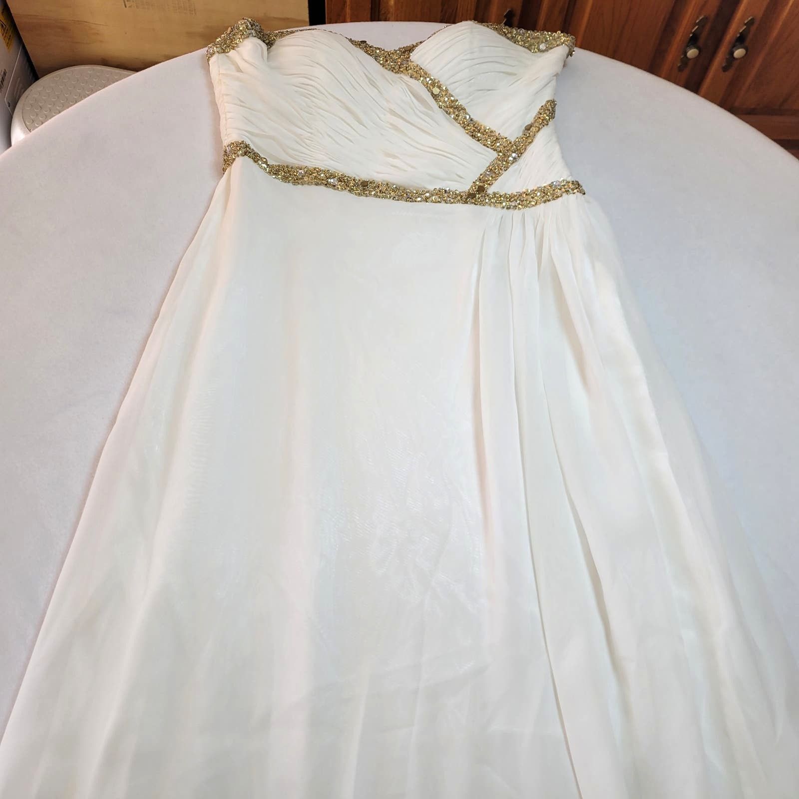 Vintage Prom Dress L Strapless White Gold Sequins Grecian Y2K Size L / US 10 / IT 46 - 3 Thumbnail