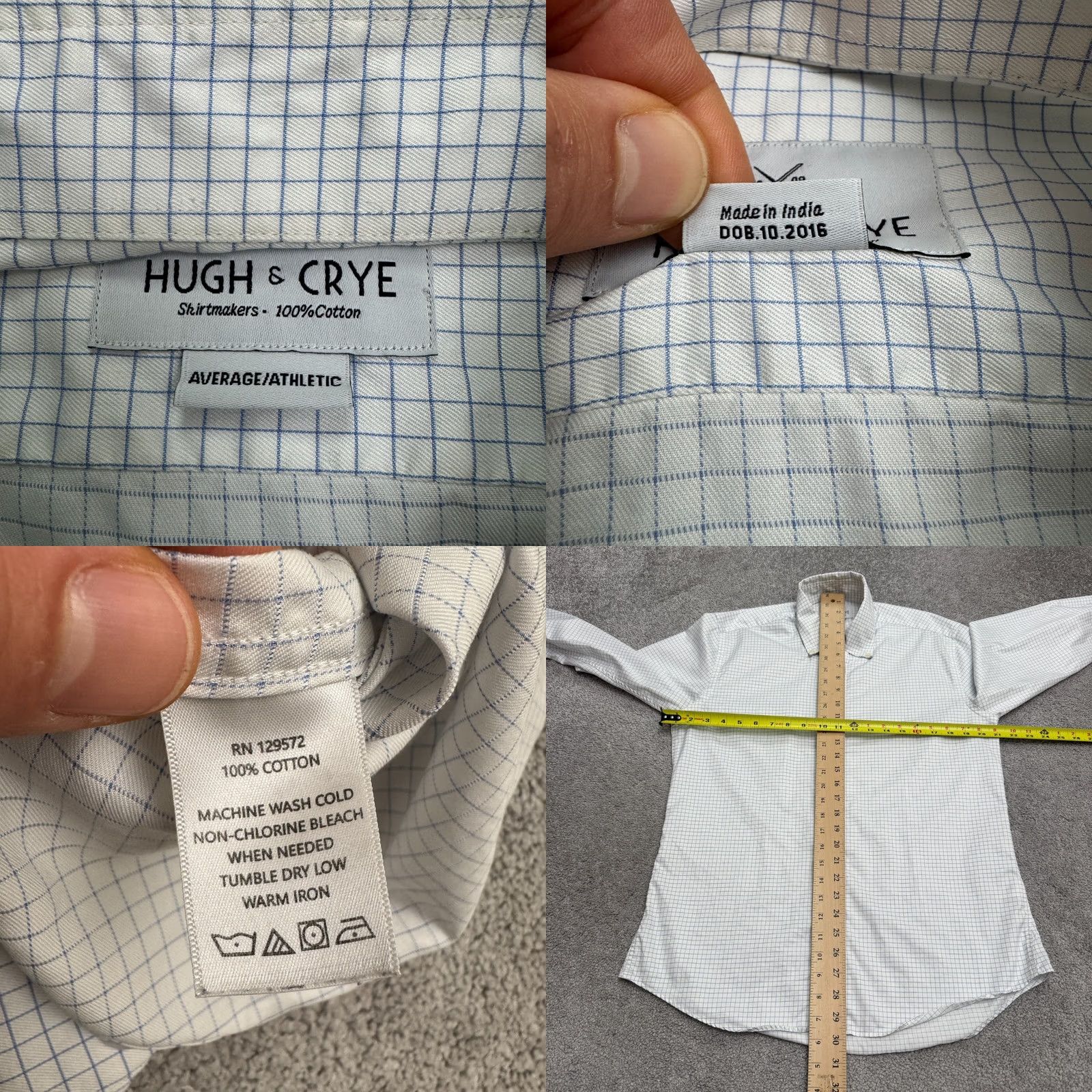 Vintage Hugh & Crye Dress Shirt Mens Medium Blue White Check Cotton Athletic Fit Collared Long Sleeve Button Size 40R - 8 Thumbnail