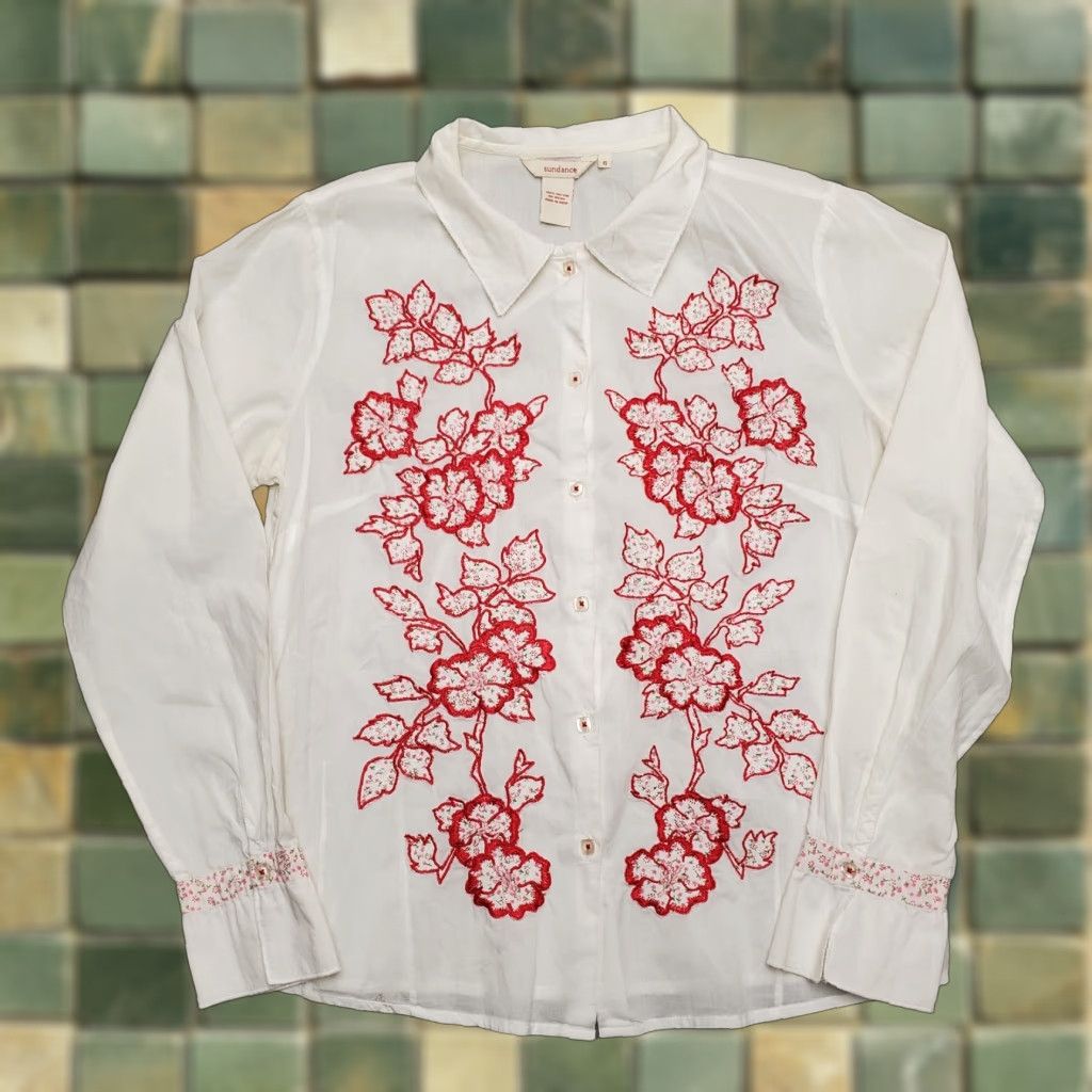 Vintage Sundance Shirt Womens 6 White Red Floral Embroidered Lightweight Blouse Size M / US 6-8 / IT 42-44 - 1 Thumbnail