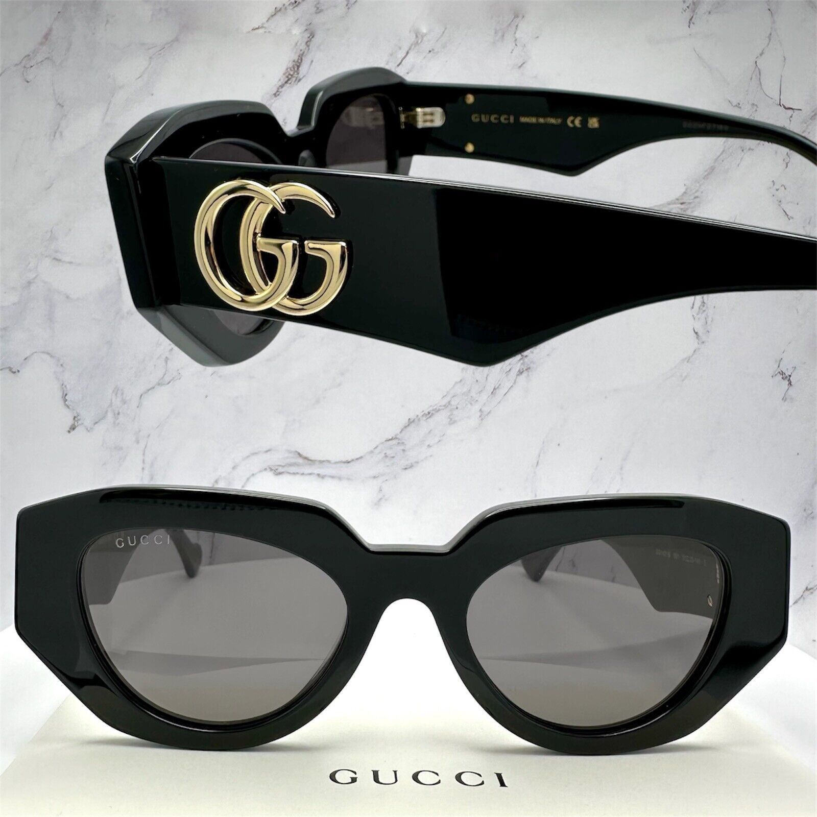 Gucci Sunglasses Black Cat Eye Gold Interlocking GG Logo
