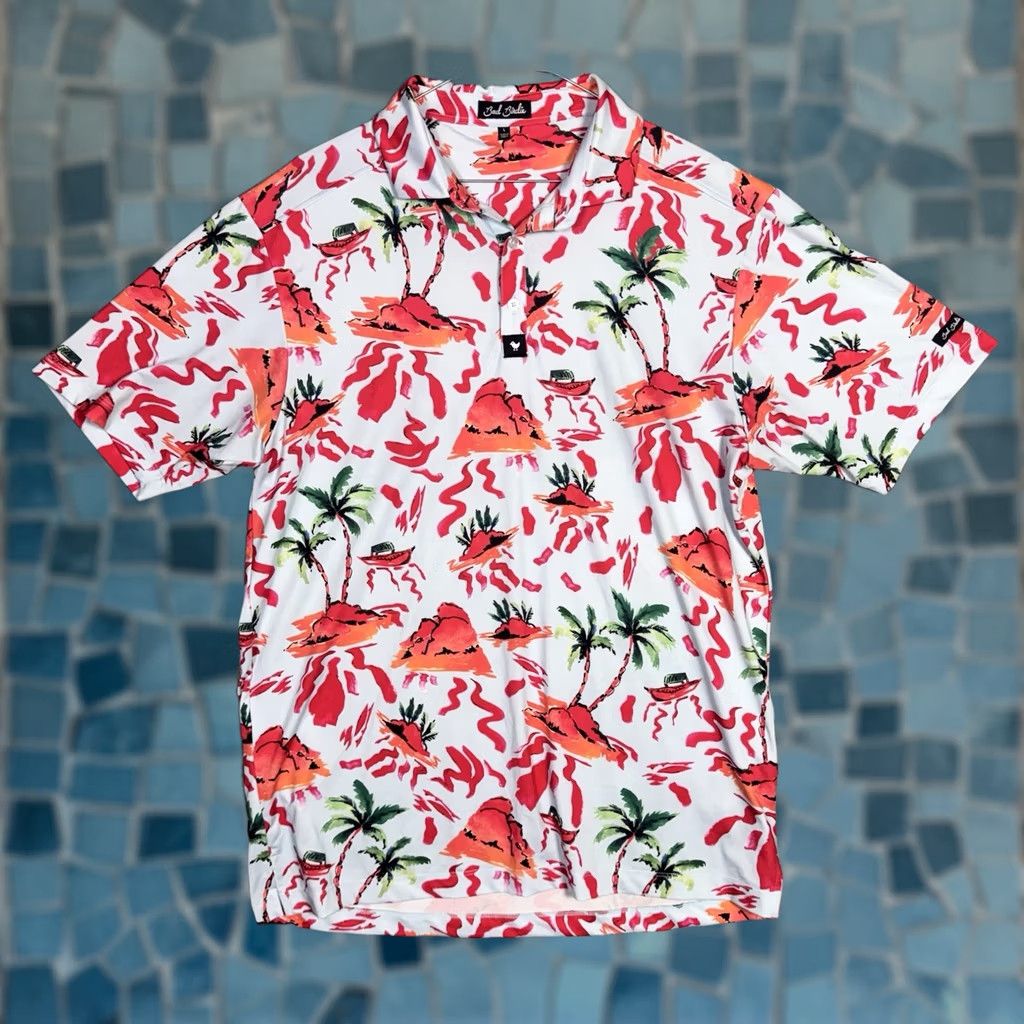 Vintage Bad Birdie Polo Shirt Men’s L Palm Trees Hawaiian Geometric All Over Beach Polo Shirt Mens L Red Geometric Beach 90s? Size US L / EU 52-54 / 3 - 1 Thumbnail