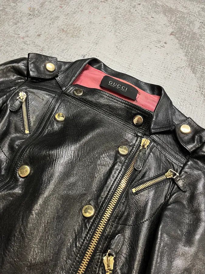 Gucci 2010s Gucci Black Leather Gold-Studded Biker Jacket Size XS / US 0-2 / IT 36-38 - 5 Thumbnail