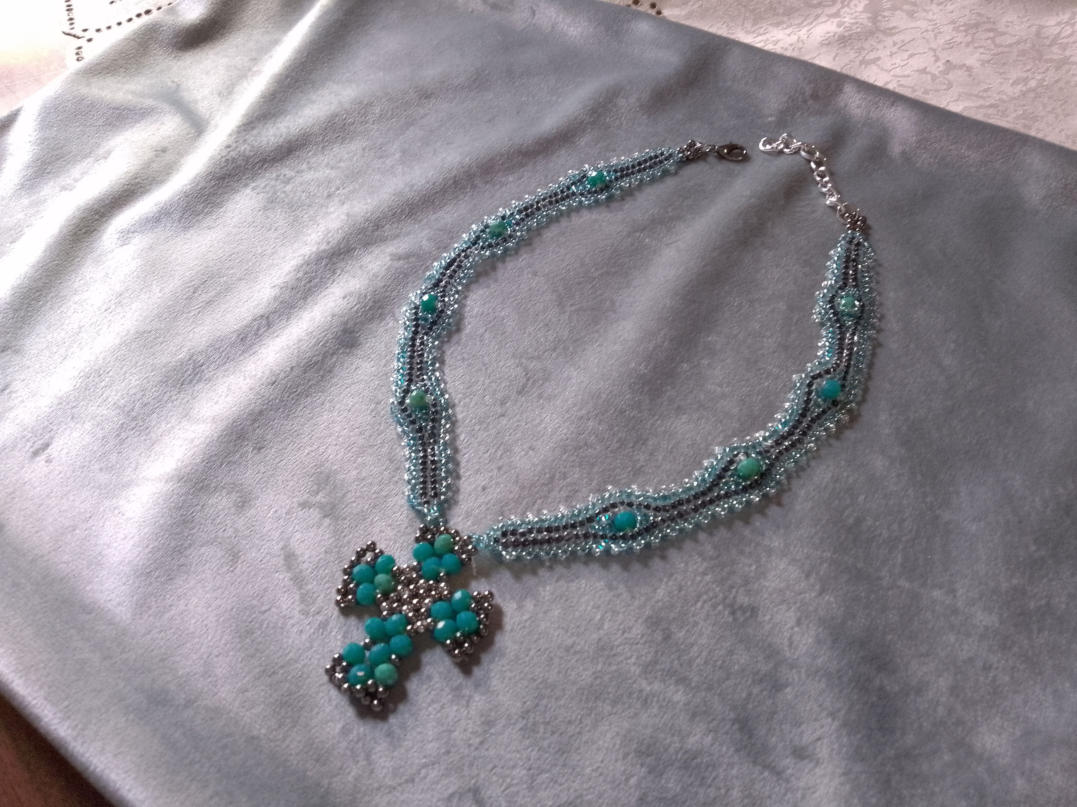 Handmade Necklace Pendant Cross Beaded Crystals Black Turquoise Size ONE SIZE - 1 Thumbnail
