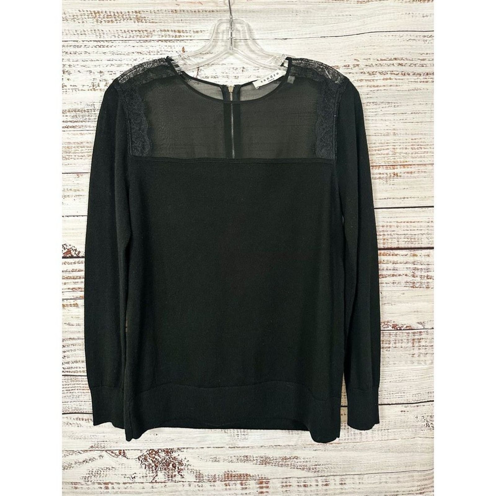 Sandro Sandro Paris Wool Cashmere Lace Accent Blouse Black, Small Size S / US 4 / IT 40 - 4 Thumbnail
