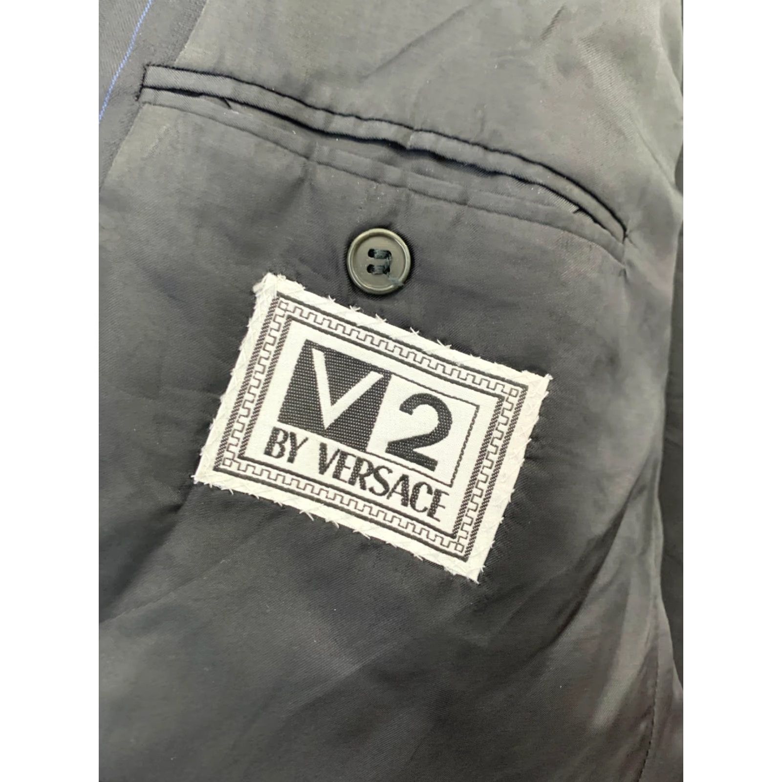 Versace V2 by Versace Blazer Men 50R Double Breasted Wool Black Pinstripe Gold Buttons Vintage Jacket Size 50R - 3 Thumbnail