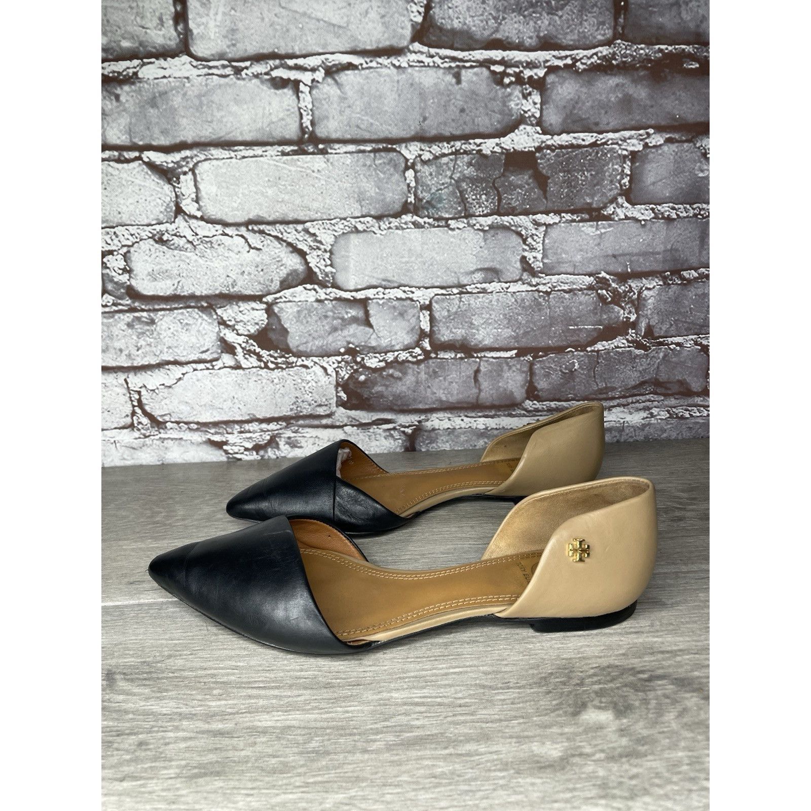 Tory Burch Tory Burch Viv D'Orsay Black Nude Leather Pointed Toe Flats Size US 7 / IT 37 - 11 Thumbnail