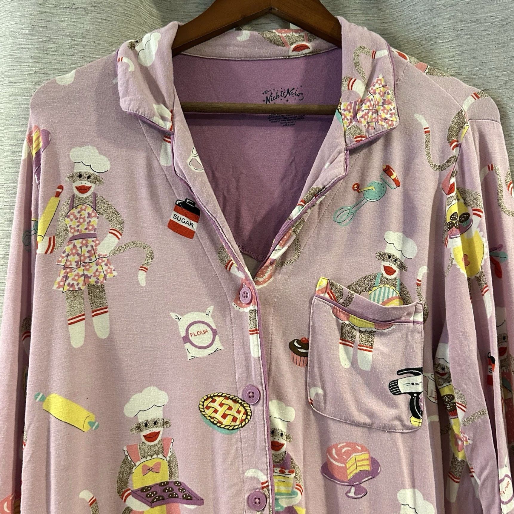 Vintage Nick & Nora Pajama Set Sock Monkey Baker 2 Pc Top Bottom PJs Size Large Size L / US 10 / IT 46 - 3 Thumbnail