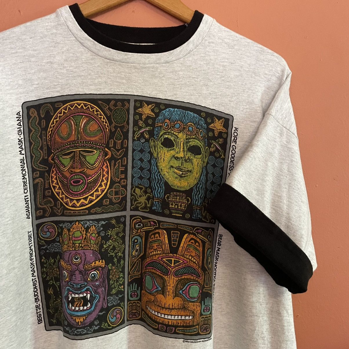 Fruit Of The Loom Vintage 1990 Wildwood Productions Culture Masks Art Tee Size US XL / EU 56 / 4 - 4 Thumbnail