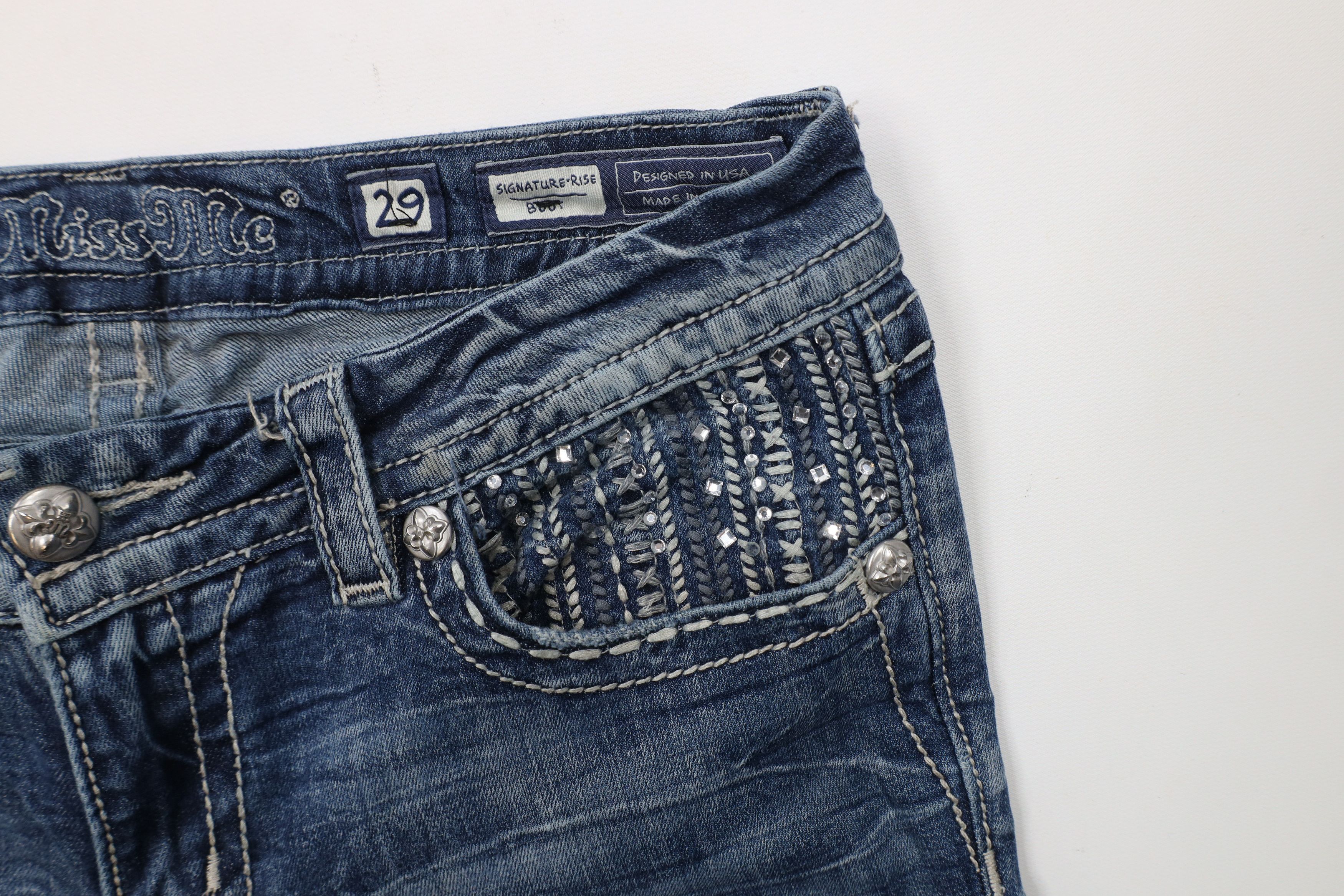 Miss Me × Vintage Miss Me Jeweled Fleur de Lis Flared Bootcut Denim Jeans Size 29" - 8 Thumbnail