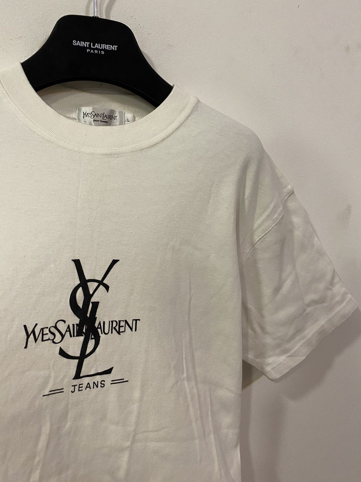 image of Vintage x YVES Saint Laurent White YSL T-Shirt Big Logo YSL Shirt, Men's (Size Large)