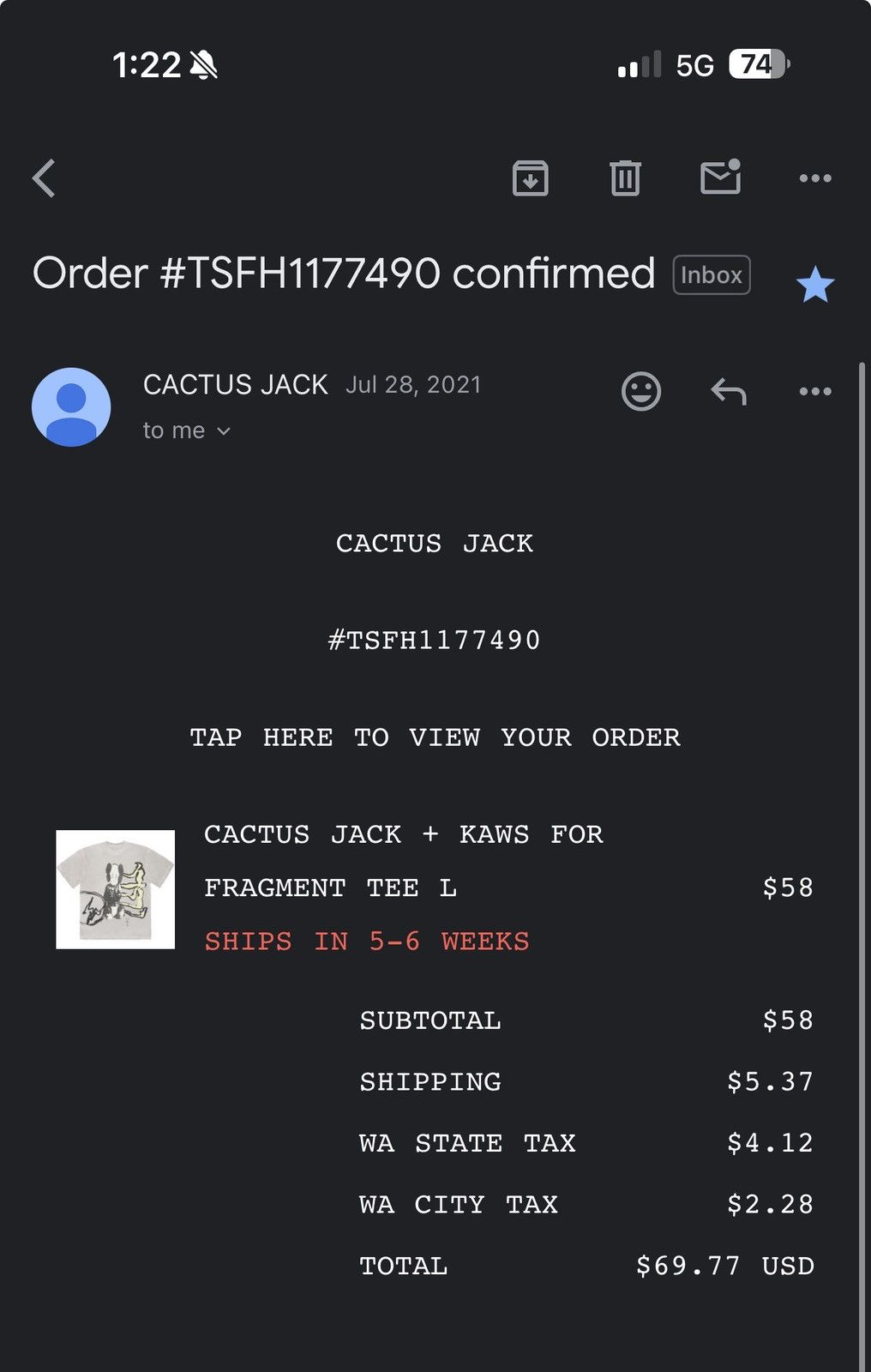 Fragment Design × Kaws × Travis Scott Cactus Jack x KAWS Tee Size US L / EU 52-54 / 3 - 4 Thumbnail