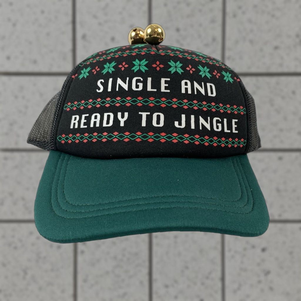 Vintage Wembley Trucker Cap Hat Holiday Headwear Single and Ready To Jingle Noisemaker Working Jingle Bells Christmas Black Adjustable Snapback Men Size ONE SIZE - 1 Thumbnail