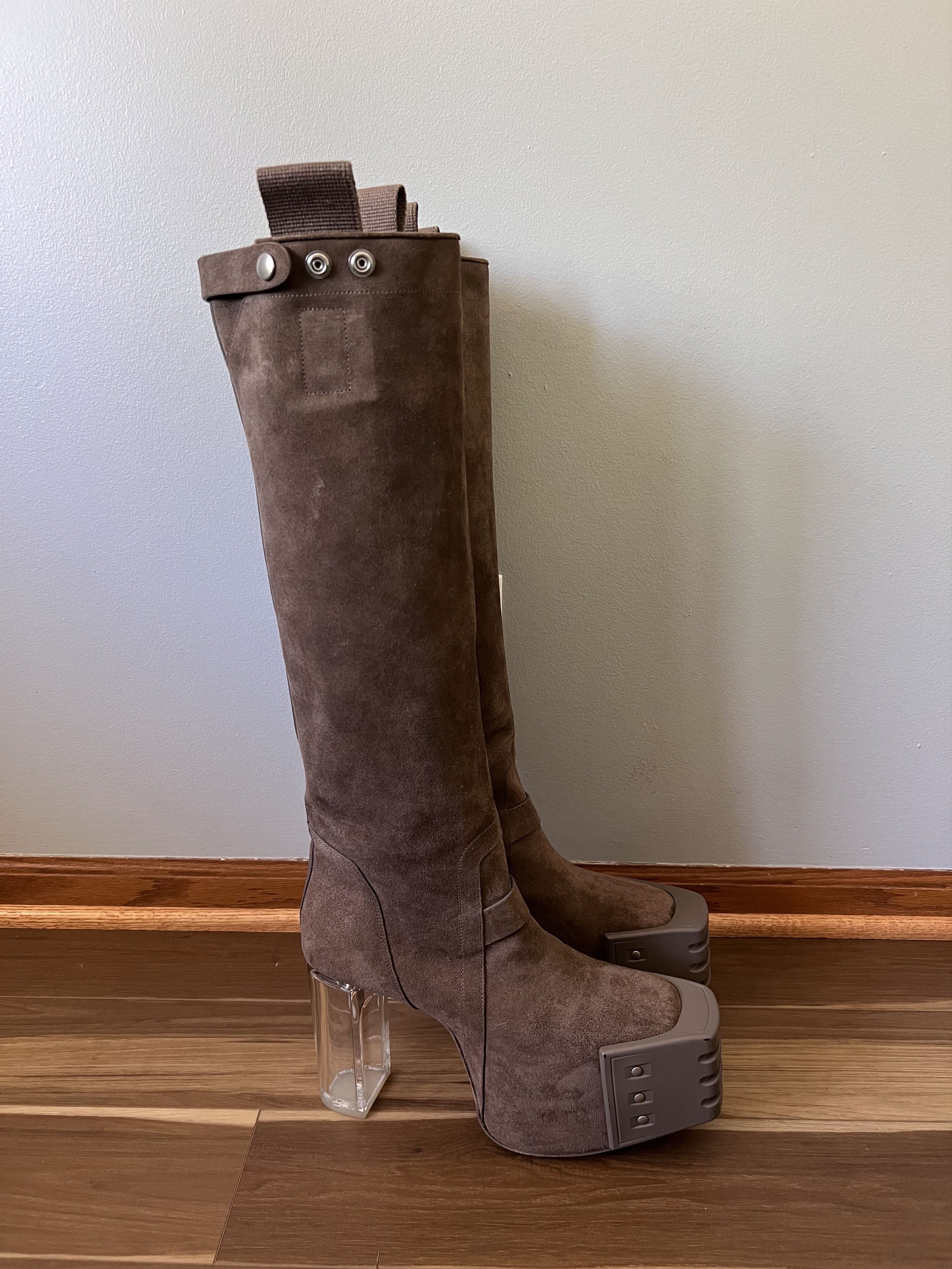 image of Rick Owens Pull On Platform Grilled Kiss Boots In Dust Suede, Men's (Size 9)