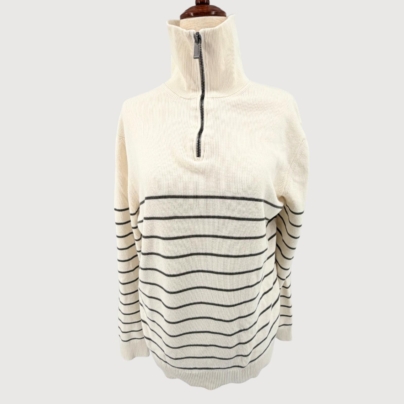 Massimo Dutti Massimo Dutti Zip Sweater Cream Striped Cotton L Size US L / EU 52-54 / 3 - 9 Thumbnail