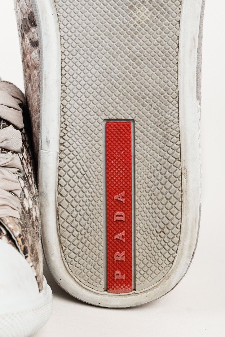 Prada Prada Red Label Taupe Snake Print Satin Ribbon Tied Sneakers Size US 7.5 / IT 37.5 - 5 Thumbnail