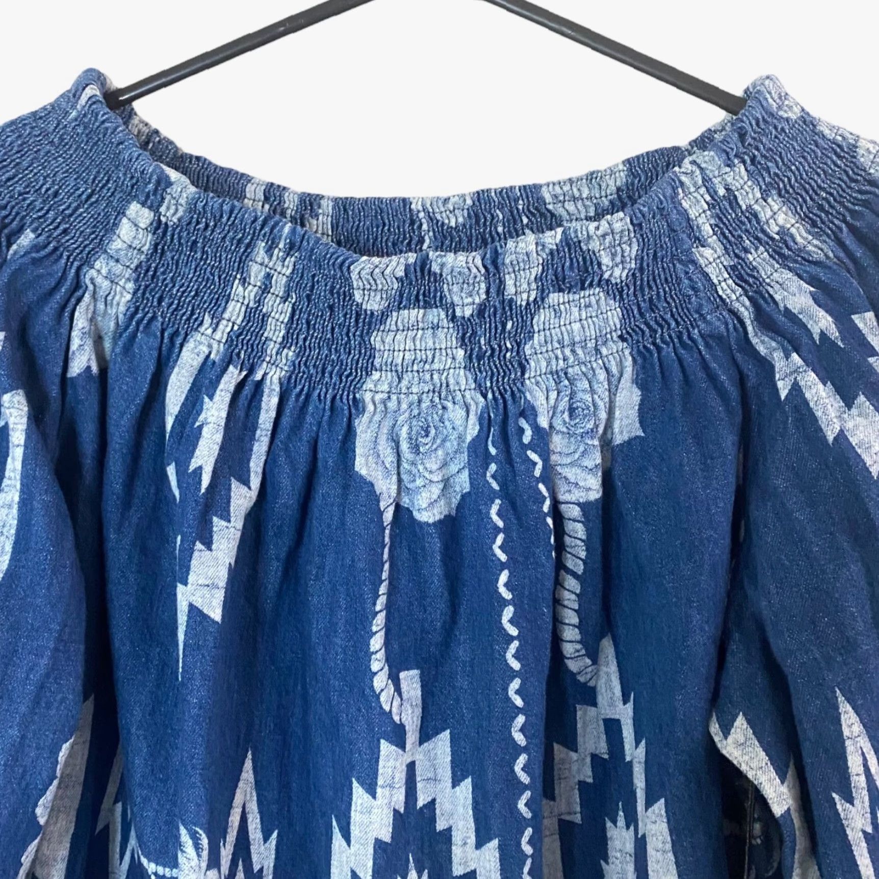 Vintage VINTAGE One Teaspoon Denim Blouse Women Medium Off-The-Shoulder Aztec Floral Bohemian Festival Size M / US 6-8 / IT 42-44 - 5 Thumbnail