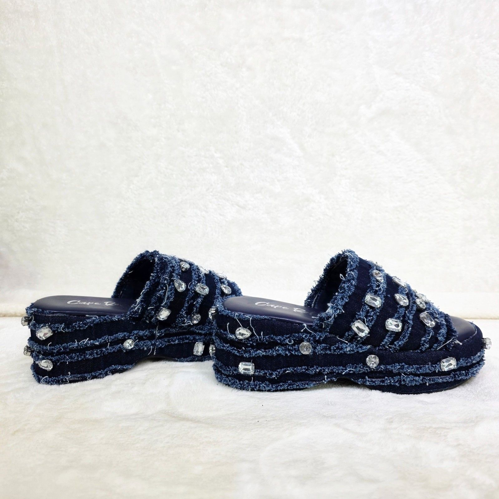 Other Hipster Denim Distressed Frayed Trim Rhinestone 2" Flatform Size US 9 / IT 39 - 3 Thumbnail