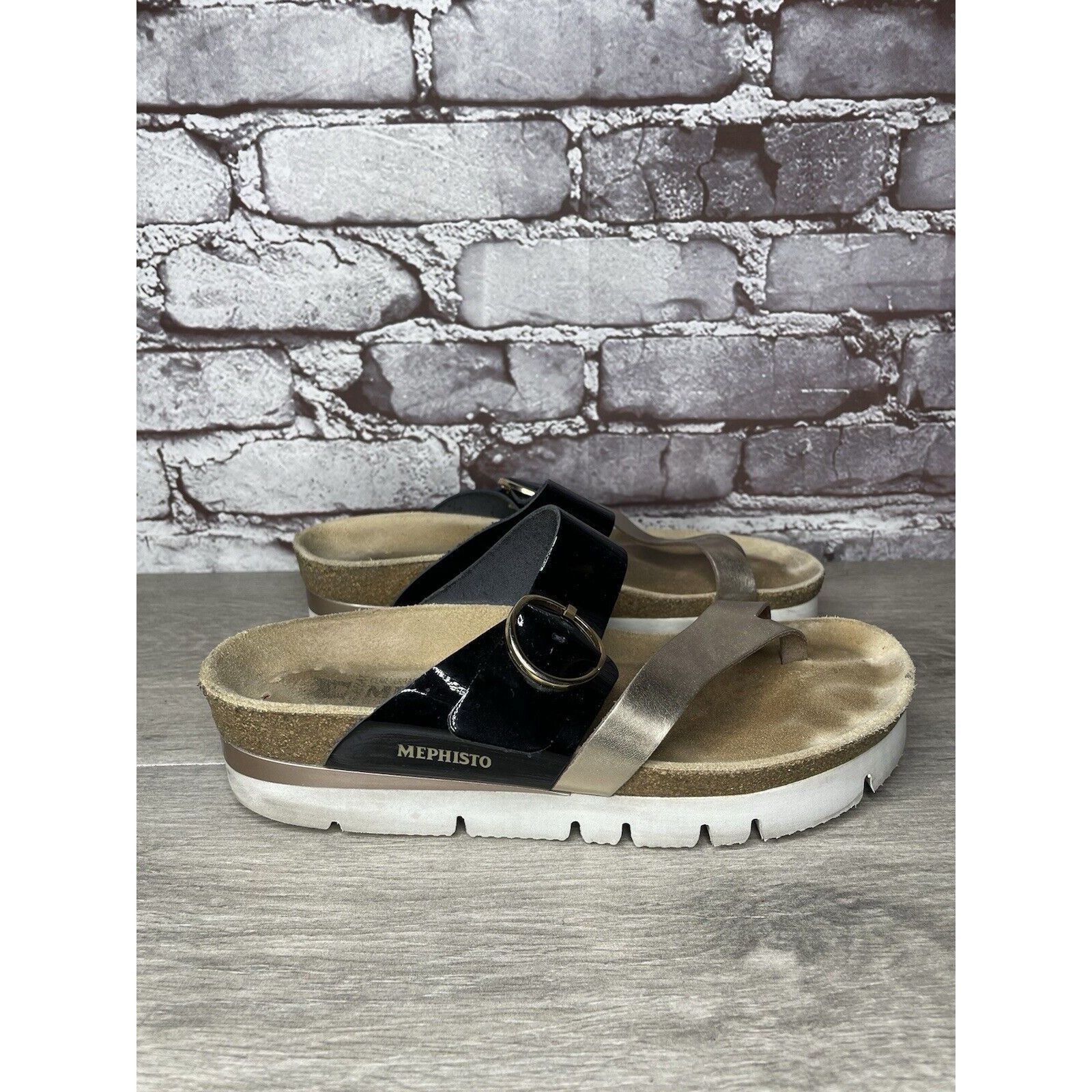 Mephisto Mephisto Silver Leather Black Patent Toe Strap Cork Wedge Sa Size US 8 / IT 38 - 3 Thumbnail