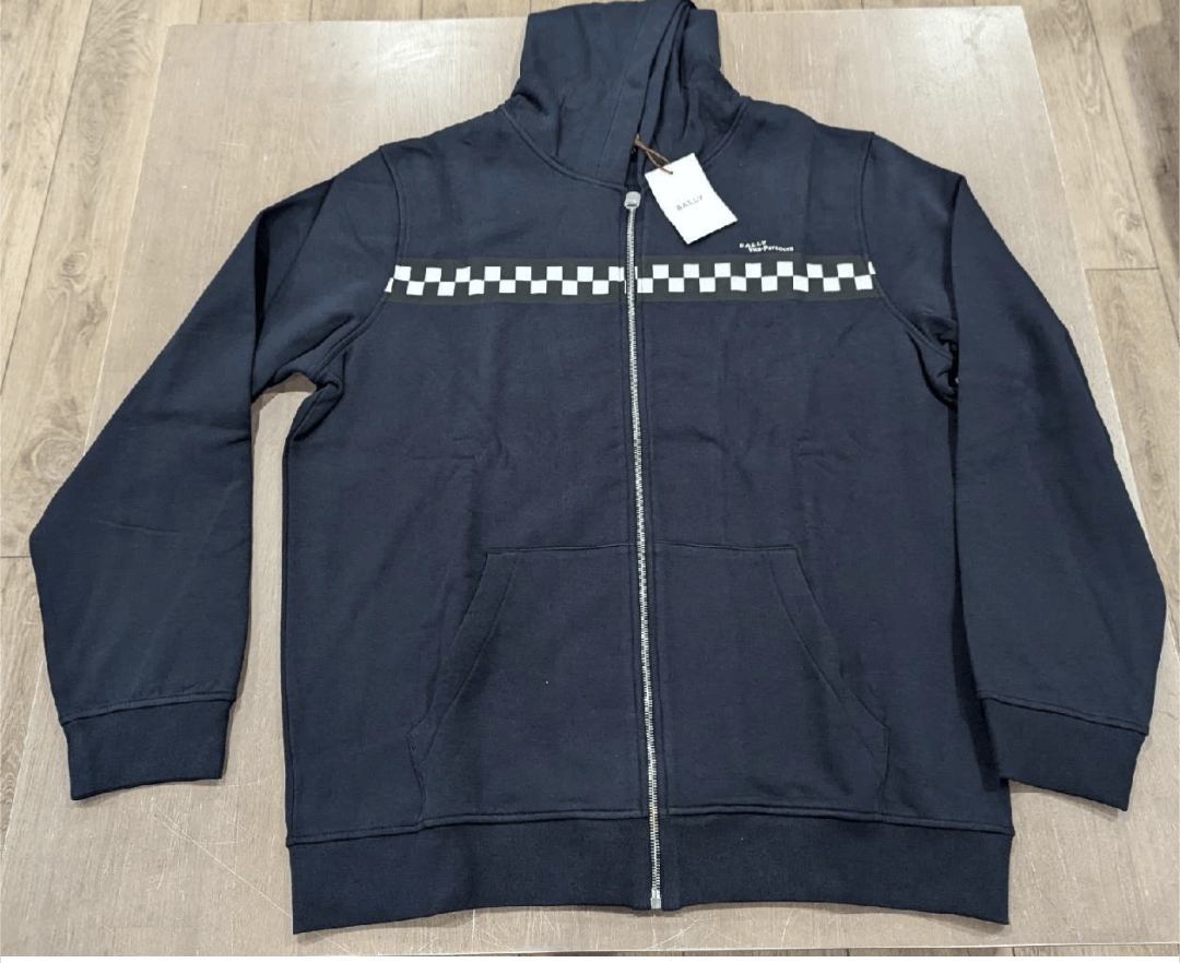 BALLY Checker Stripe Zip Up Hoodie Navy Large