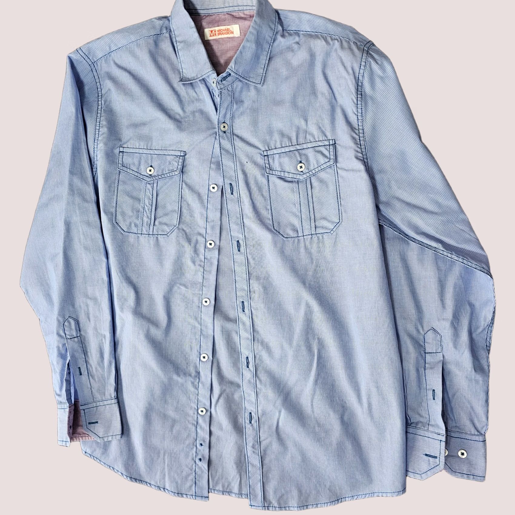 Vintage Michael Brandon Mens Button-Down Shirt M Blue Striped Cotton Long Sleeve Button-Up Collared Size US M / EU 48-50 / 2 - 1 Thumbnail