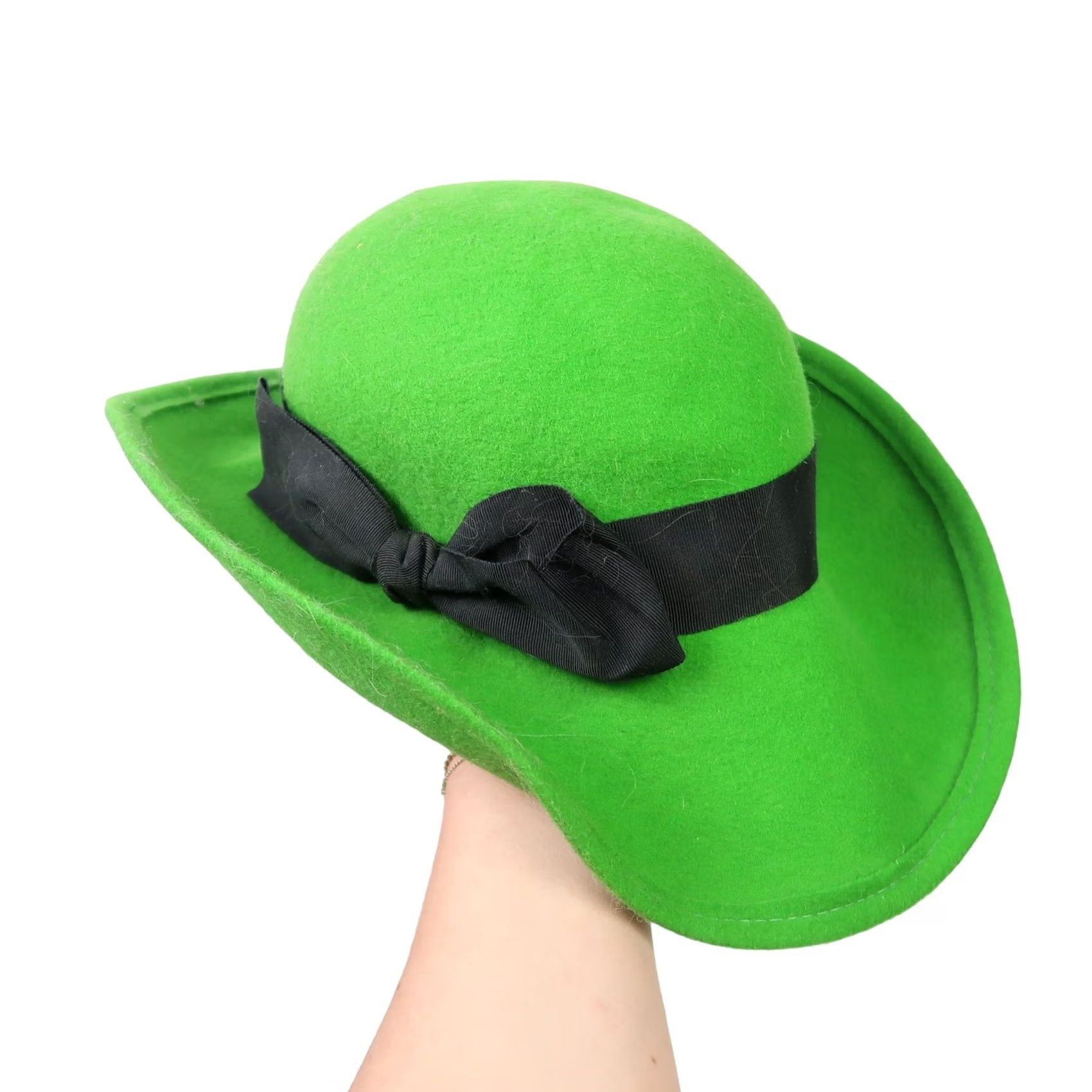 FELT VINTAGE Madcaps Green Felt Wool Wide Brim Hat One Size Women 60s 50s Casual Party/Cocktail Wool Felt Brown/Black Trim Size ONE SIZE - 2 Thumbnail