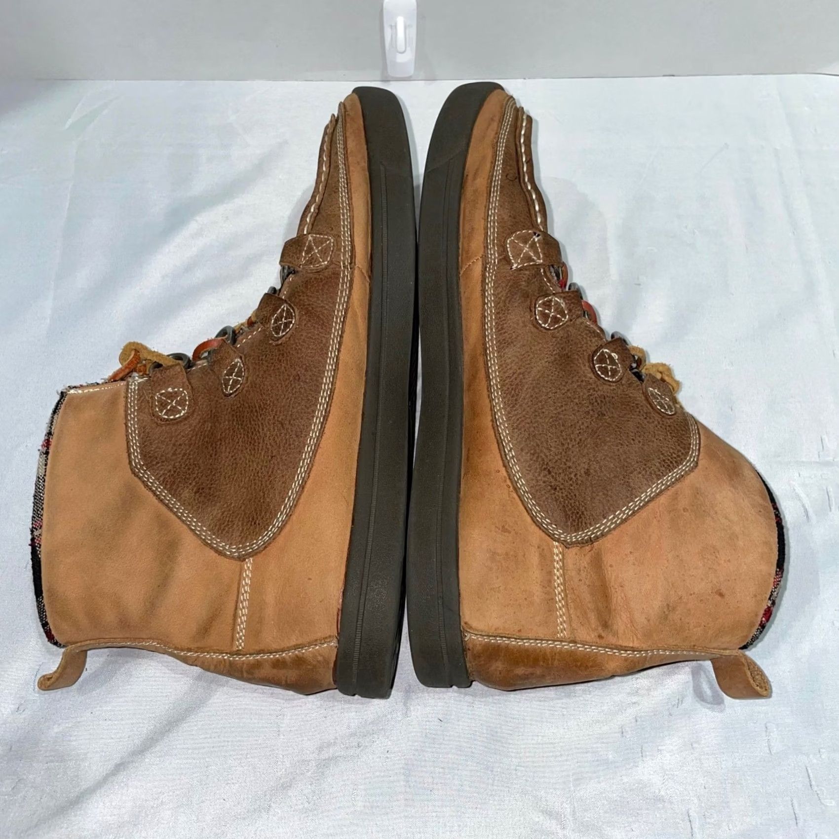True Religion Mens Brown Leather Moc Toe Boots Lined Plaid 