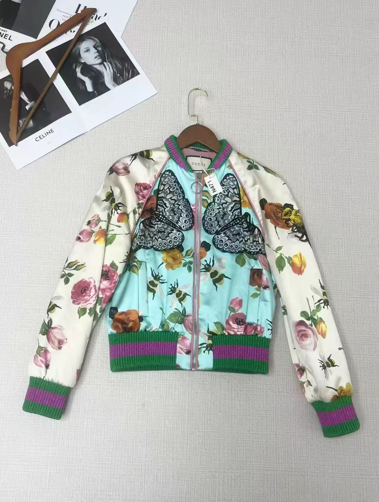 Gucci heavy print butterfly bee baseball jacket 44