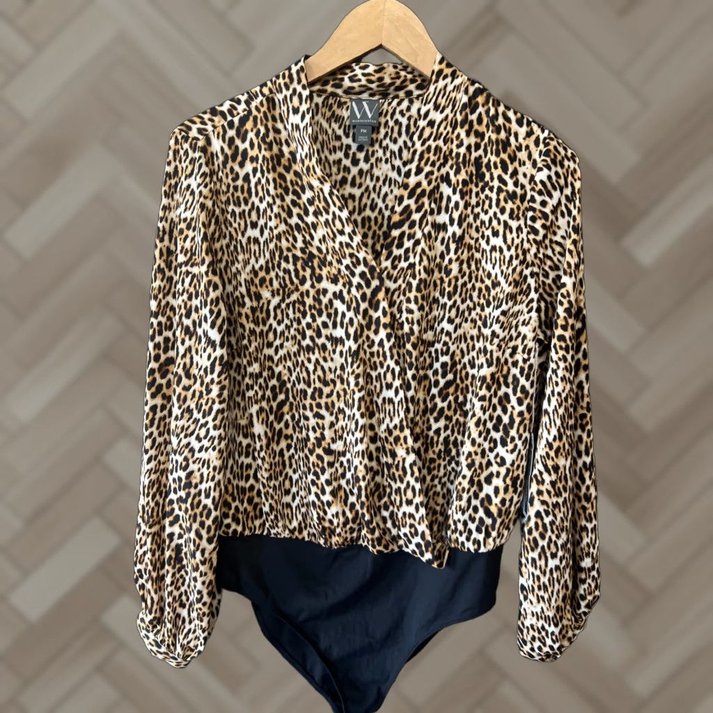 Worthington VINTAGE Worthington Womens Bodysuit Leopard Cheetah Print Sleeveless V-Neck Petite Medium Black Polyester Blend Modern Look Size M / US 6-8 / IT 42-44 - 1 Thumbnail