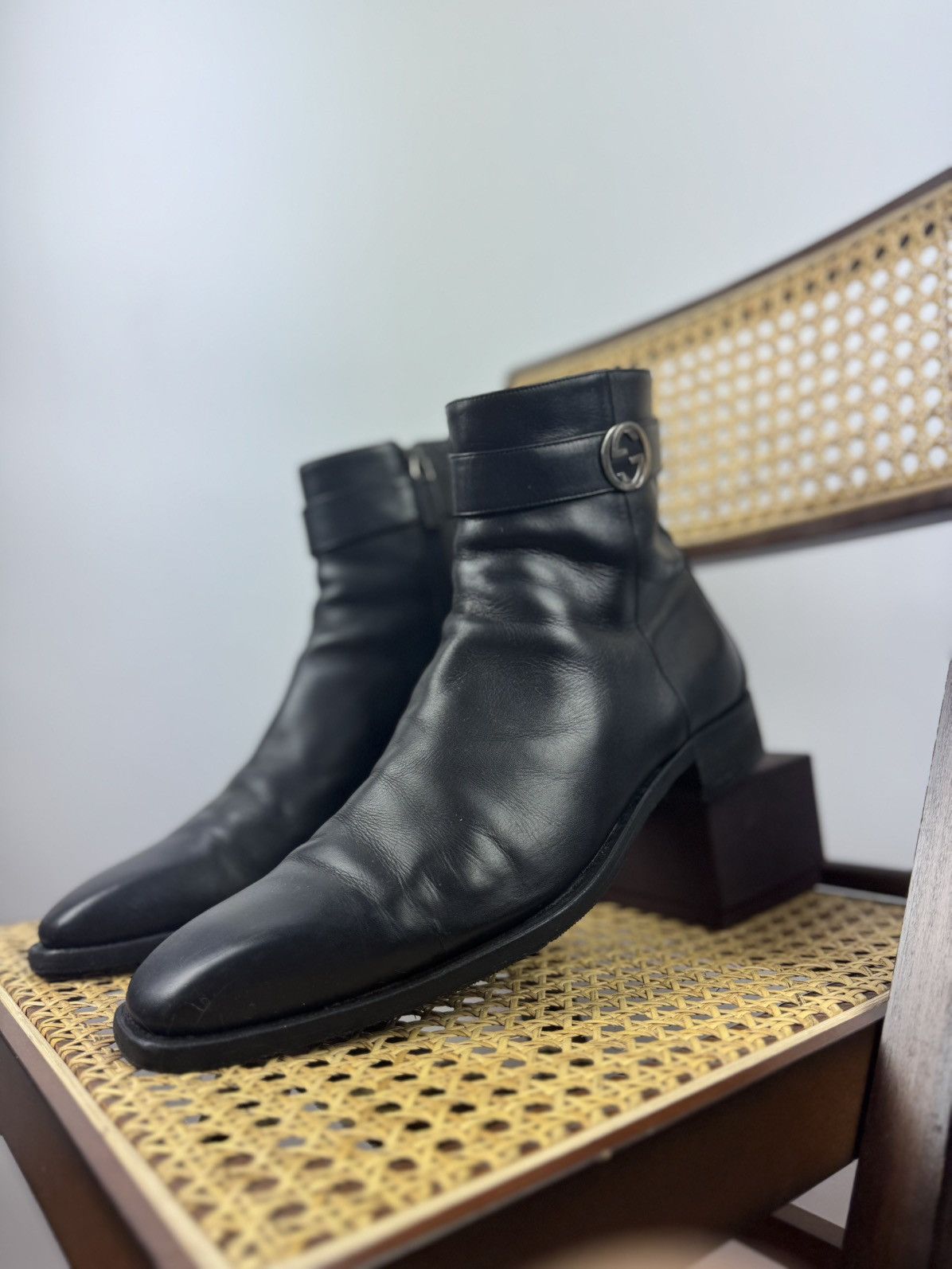 Gucci × Japanese Brand × Vintage Gucci Side Zip Boots Black 12 E Leather GG Logo Chelsea Size US 12 / EU 45 - 1 Thumbnail