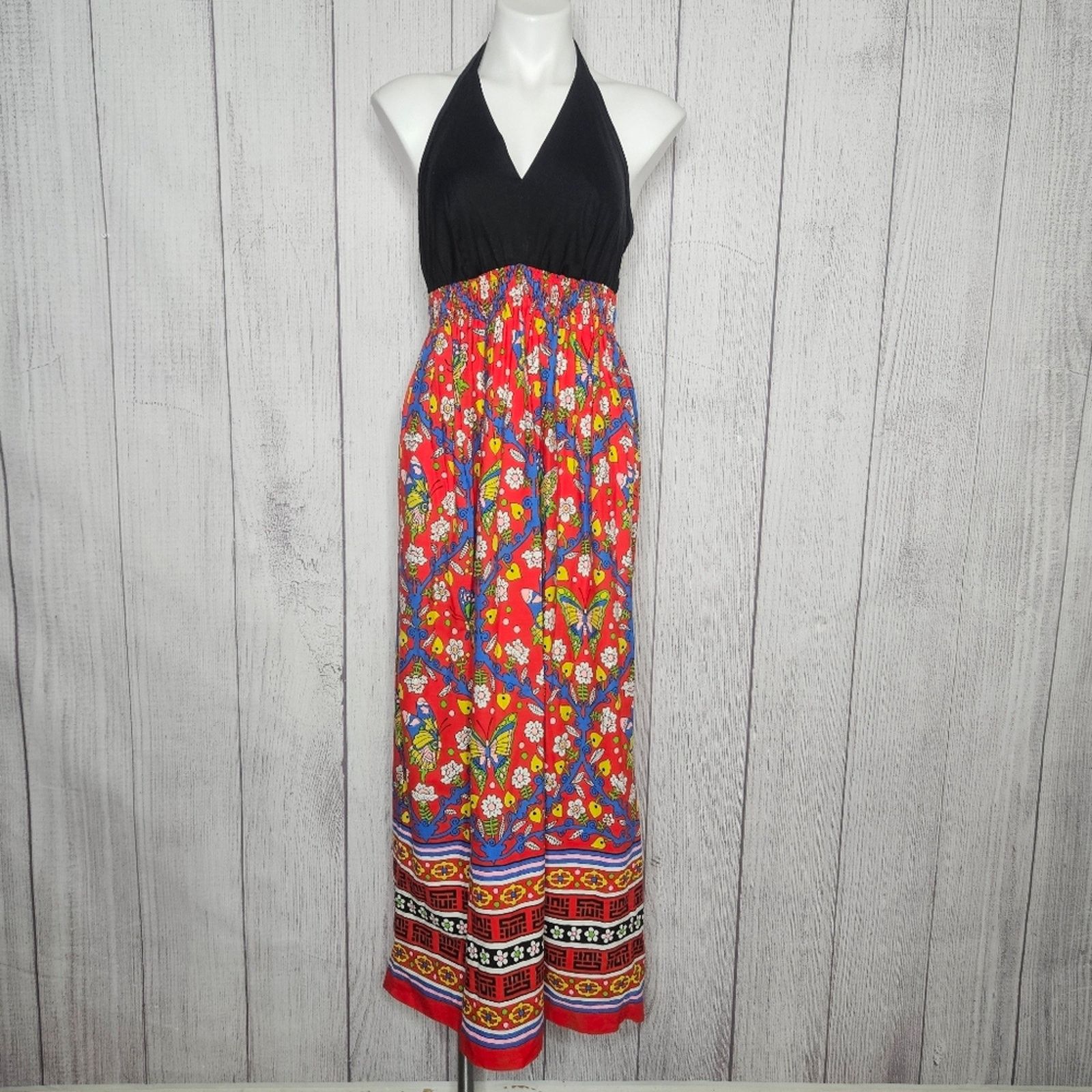 Vintage VTG Butterfly Flower Maxi Dress w Halter Open Back, sz S Size S / US 4 / IT 40 - 2 Thumbnail