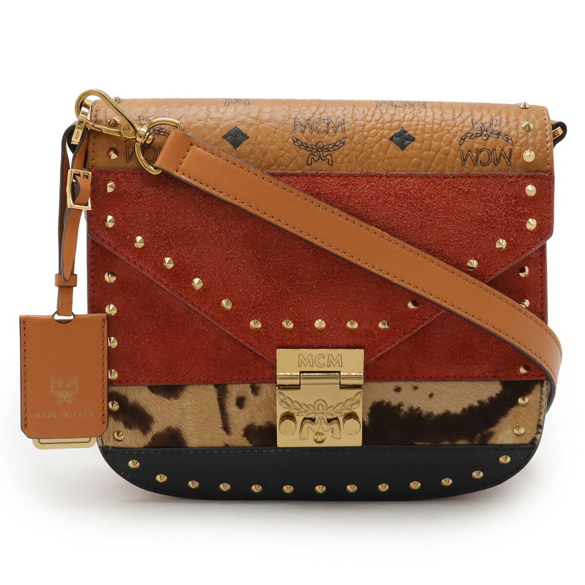 MCM Visetos Glam Patricia Shoulder Bag Pochette Leopard Pvc Suede Pony Cognac Light Brown in Black, Women's