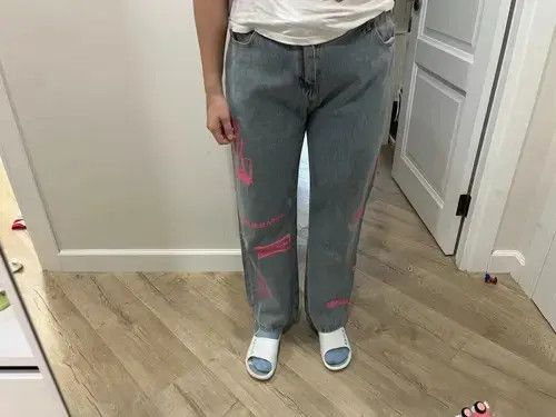 Graphic Pink Casual Pants Straight Wide Leg Jeans