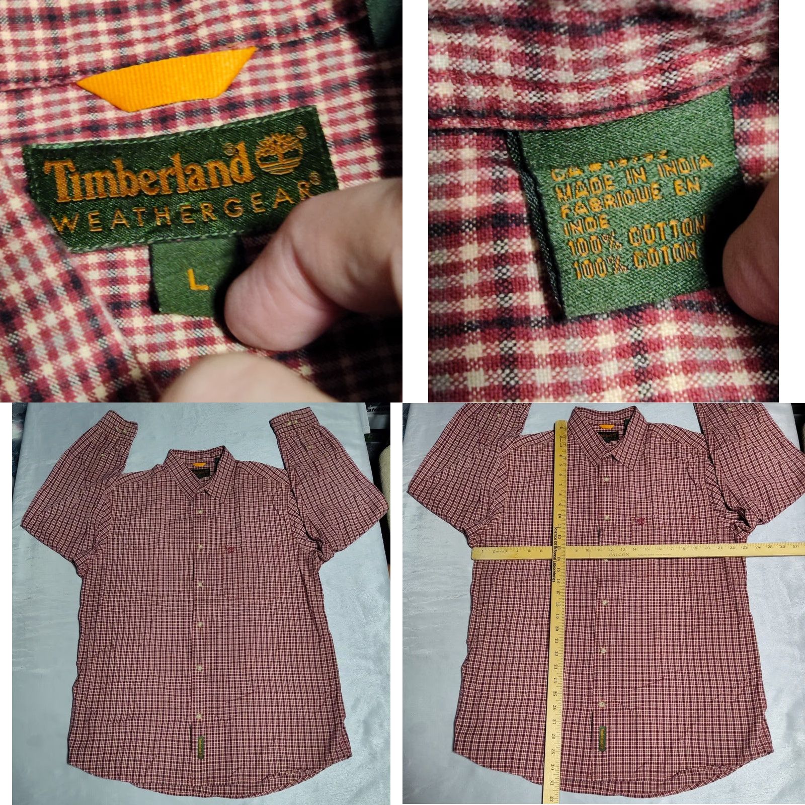 Timberland TIMBERLAND WEATHER GEAR Men Large Burgundy Check 100% Cotton Button-Up Shirt Size US L / EU 52-54 / 3 - 8 Thumbnail