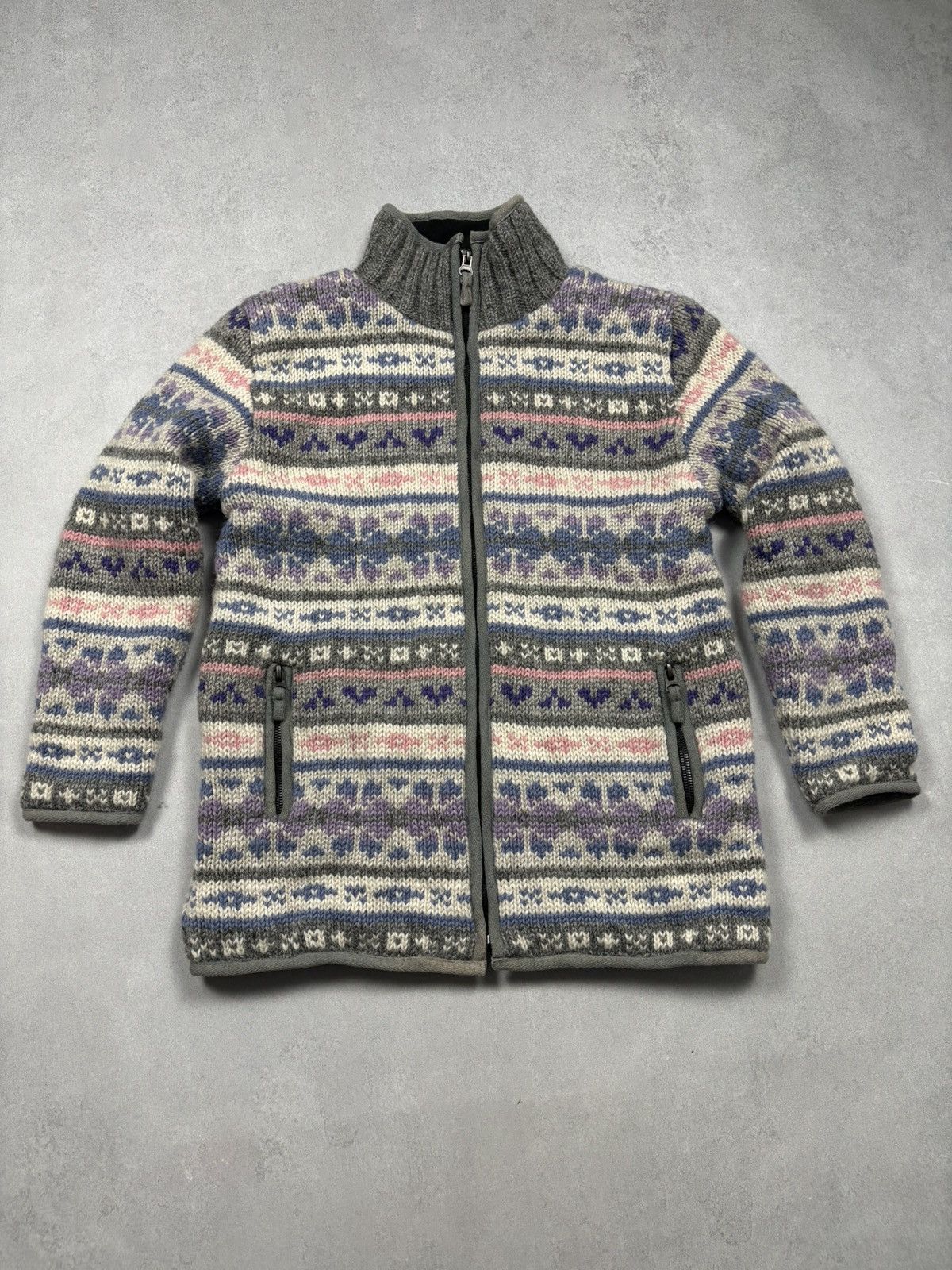 Handmade Pachamama Hand Knit Wool Fleece Lined Nordic Zip Jacket M Size M / US 6-8 / IT 42-44 - 1 Thumbnail