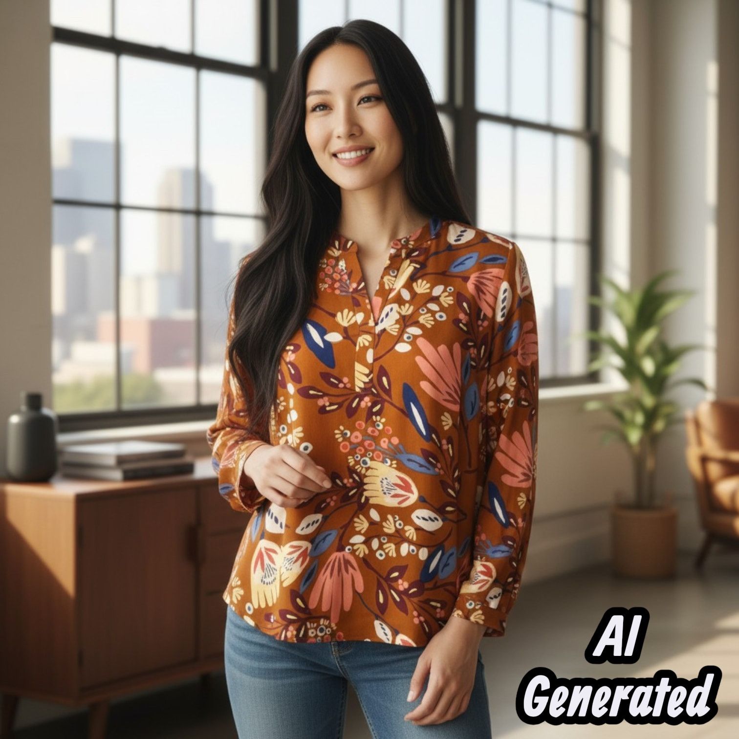 Other Notch Neck Blouse Long Sleeve Roll Tab High Low Hem Top Size M / US 6-8 / IT 42-44 - 6 Thumbnail