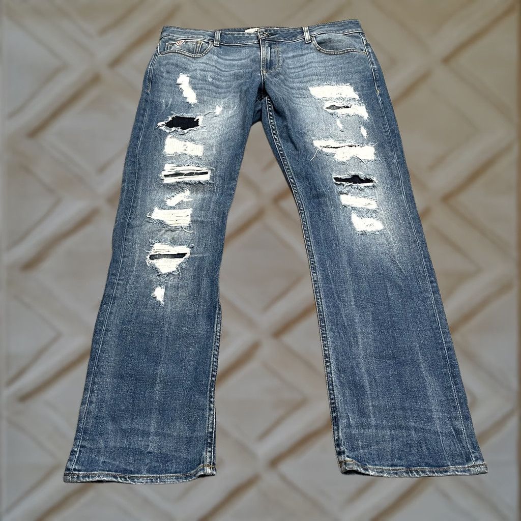 Guess GUESS Jeans Slim 5-Pocket Denim Tapered Distressed Blue Medium Wash Mens 38 Regular Size Size US 38 / EU 54 - 1 Thumbnail