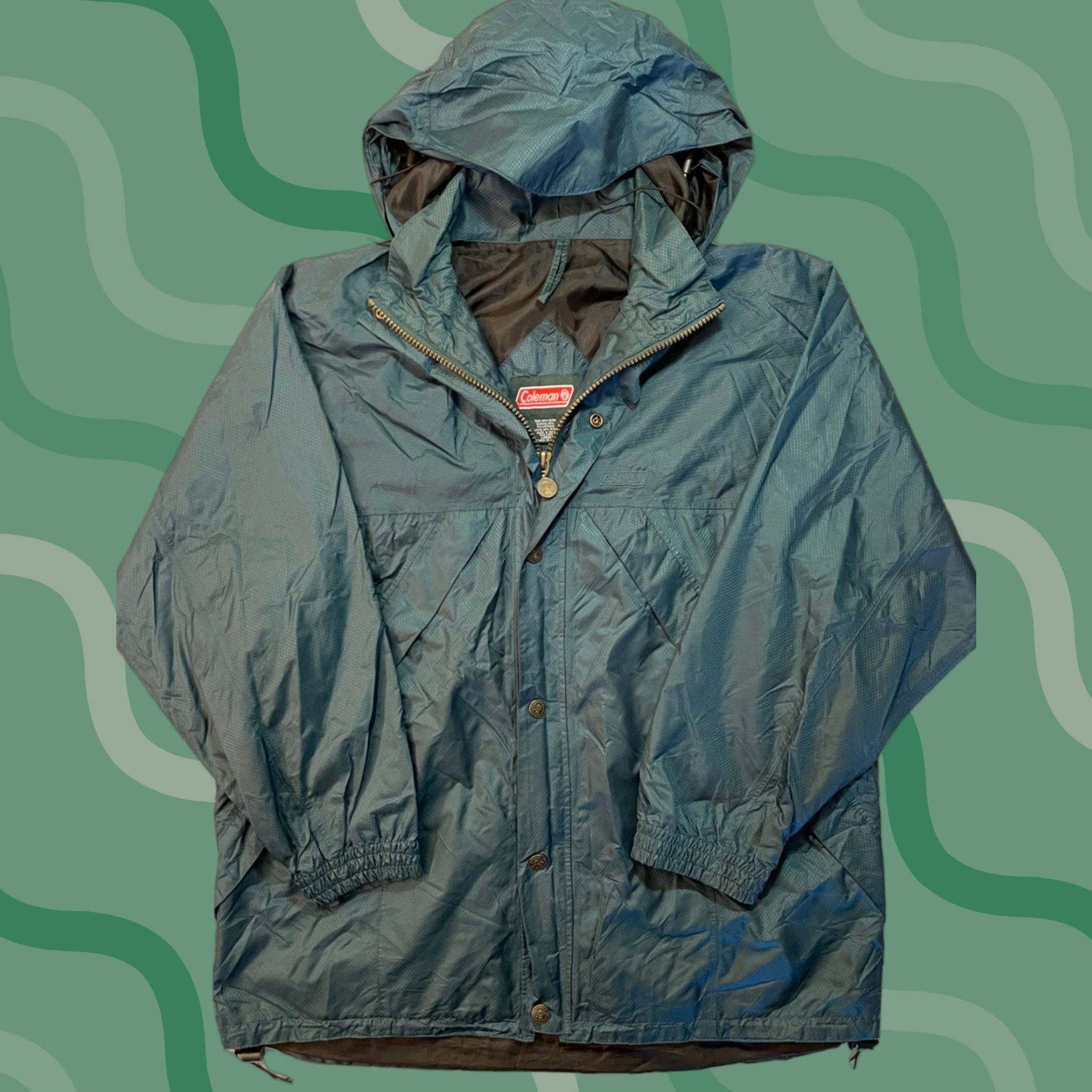 Rains VINTAGE Coleman Full Zip Men's Rain Jacket Windbreaker Hiking Green Blue Sz L Environmental Outdoor Fall Winter Spring Size US L / EU 52-54 / 3 - 1 Thumbnail