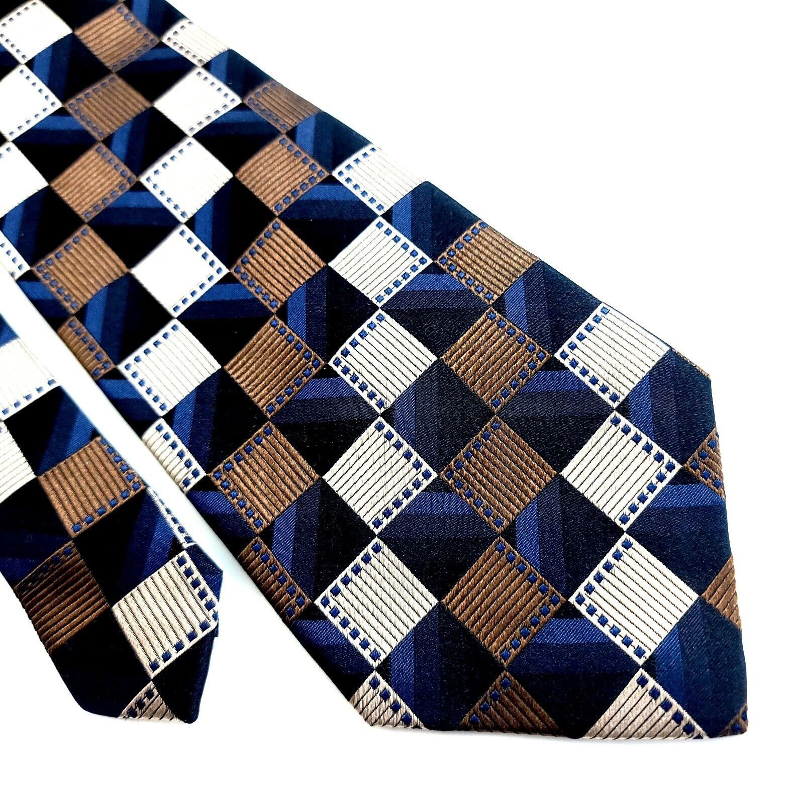 Designer Bocara Woven Blue Brown Cream Woven Geometric Wide Long Silk Size ONE SIZE - 1 Thumbnail