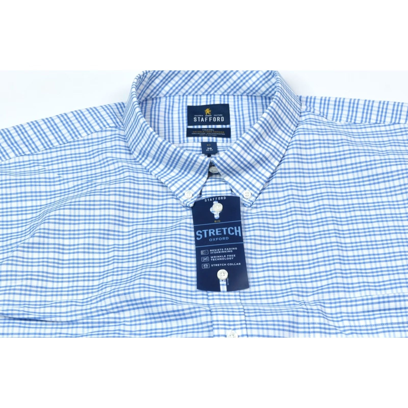 Stafford STAFFORD Travel Stretch Oxford Shirt Mens Big 20 Blue Plaid Button-Down Shirt Size US XXL / EU 58 / 5 - 3 Thumbnail