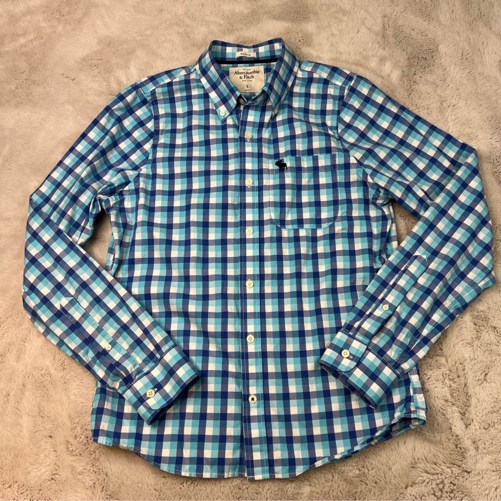 Abercrombie & Fitch Abercrombie & Fitch Blue White Plaid Muscle Shirt Mens Large Size US L / EU 52-54 / 3 - 1 Thumbnail