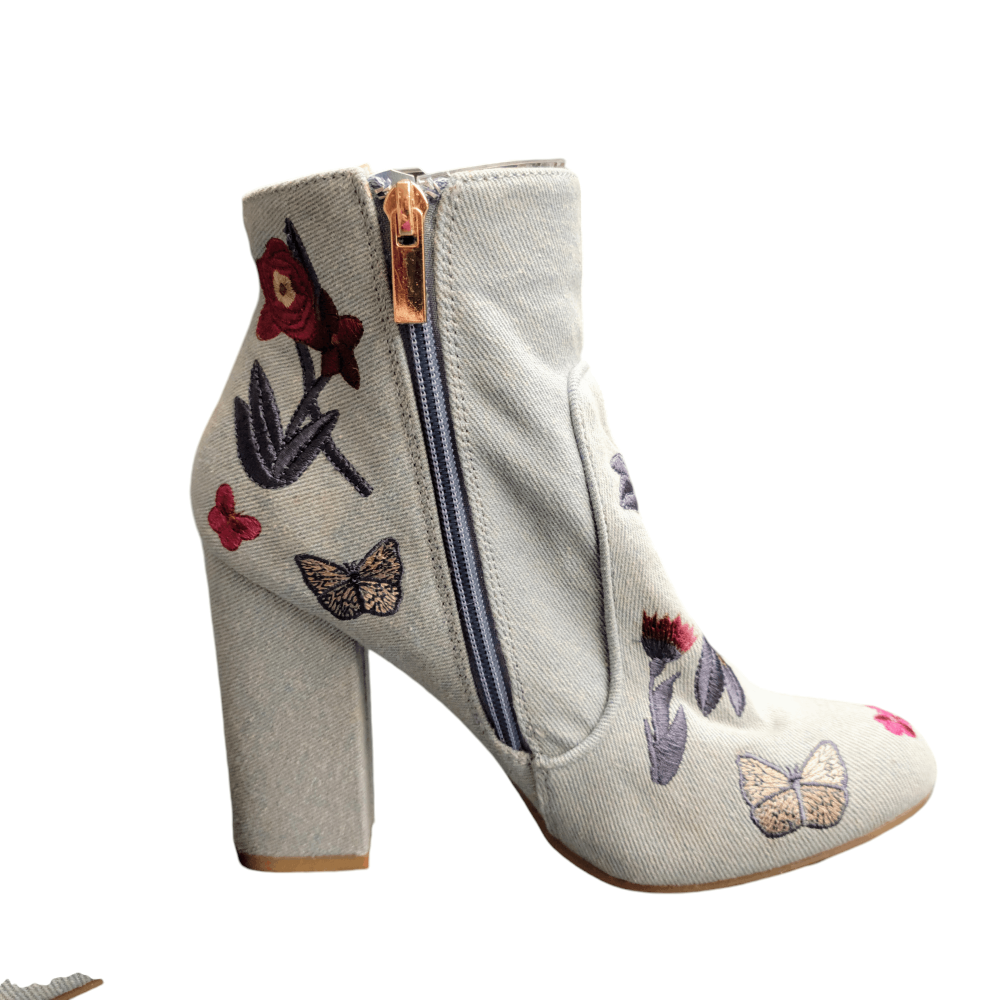 United Bamboo Bamboo Blue Embroidered Flowers & Butterfly Heeled Booties Size US 8 / IT 38 - 5 Thumbnail