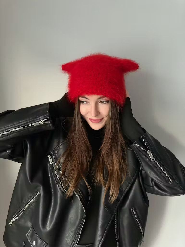 Japanese Brand Cat hat . Knitted handmade . Trend devil red hat Size ONE SIZE - 2 Thumbnail